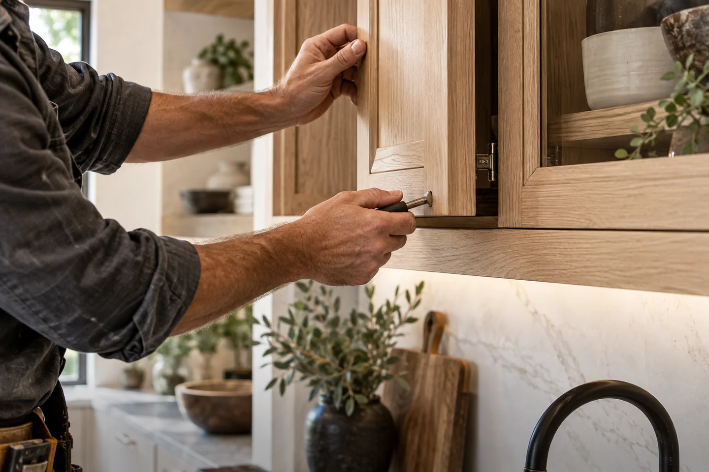 AI illustration of hands adjusting oak cabinetry during a renovation
